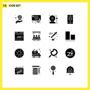 grupo de 16 signos y símbolos de glifos sólidos para la ubicación del formulario mapa escolar elementos de diseño de vectores editables móviles