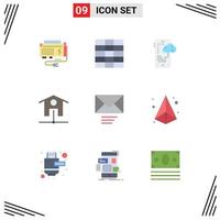 Mobile Interface Flat Color Set of 9 Pictograms of box message connection mail smart house Editable Vector Design Elements