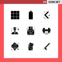 Pictogram Set of 9 Simple Solid Glyphs of lift fitness business dumbbell message Editable Vector Design Elements