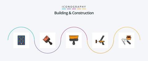 la línea de construcción y construcción llenó el paquete de iconos planos 5 que incluye pistola. reparar. pintura. espuma. edificio vector