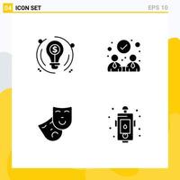 Group of 4 Solid Glyphs Signs and Symbols for bulb theatre dollar partnership danger Editable Vector Design Elements