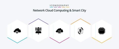 Network Cloud Computing And Smart City 25 Glyph icon pack including garbage. waste. communication. flow. computing vector