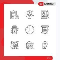 9 Universal Outline Signs Symbols of clock cpu board computer security Editable Vector Design Elements