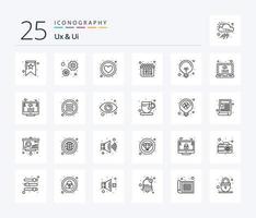 paquete de iconos de 25 líneas ux y ui que incluye codificación. ligero. corazón. idea. calendario vector