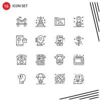 Group of 16 Outlines Signs and Symbols for business location tower gps server Editable Vector Design Elements