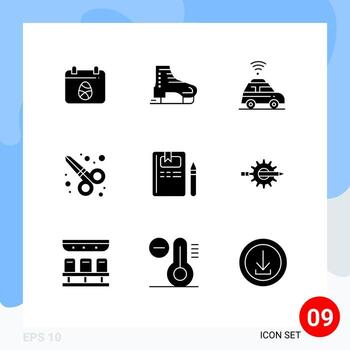 paquete de líneas vectoriales editables de 9 glifos sólidos simples de libro de conocimiento tijeras escandinavas diseño gráfico elementos de diseño vectorial editables vector