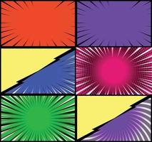 Comic book colorful frames background with halftone rays radial and dotted effects pop art style vector