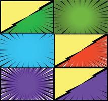 Comic book colorful frames background with halftone rays radial and dotted effects pop art style vector