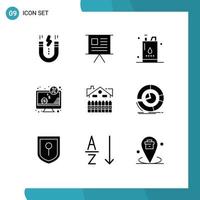 Editable Vector Line Pack of 9 Simple Solid Glyphs of money computer marketing power gallon Editable Vector Design Elements