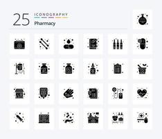 paquete de iconos de 25 glifos sólidos de farmacia que incluye cápsula. líquido. medicamento. droga. libro medico vector