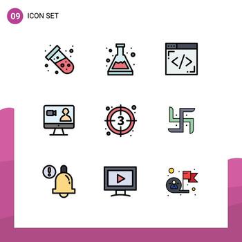 paquete de línea de vector editable de 9 colores planos de línea rellena simple de elementos de diseño de vector editable de búsqueda de computadora de codificación de cuenta regresiva de película