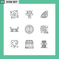 paquete de 9 signos y símbolos de contornos modernos para medios de impresión web, como elementos de diseño de vectores editables de patineta de café de cocina de alimentos