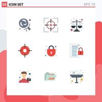 Group of 9 Modern Flat Colors Set for data security balance lock location Editable Vector Design Elements