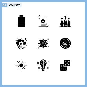 9 conjunto de glifos sólidos universales para aplicaciones web y móviles servidor de alojamiento de delitos cibernéticos alojamiento de bolos elementos de diseño de vectores editables deportivos