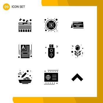 paquete de glifos sólidos de 9 símbolos universales de dispositivos de fecha de memoria de palo elementos de diseño vectorial editables web vector
