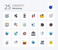 Web Security 25 Flat Color icon pack including lock. virus. mobile data. ddos. attack vector