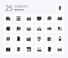 paquete de iconos de 25 glifos sólidos de electrónica que incluye electrónica. ecológico fotografía. batería. pantalla vector