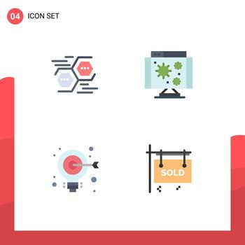 Set of 4 Modern UI Icons Symbols Signs for connect bulb hexagon computer aim Editable Vector Design Elements