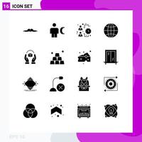 Mobile Interface Solid Glyph Set of 16 Pictograms of design globe human world team Editable Vector Design Elements