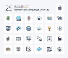 Network Cloud Computing And Smart City 25 Line Filled icon pack including storage. eye. internet. vision. monitoring vector