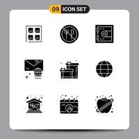9 User Interface Solid Glyph Pack of modern Signs and Symbols of globe box lock birthday internet Editable Vector Design Elements