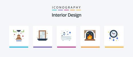 Paquete de 5 iconos planos de diseño de interiores que incluye decorar la casa. hora. bañera. reloj. chimenea. diseño de iconos creativos vector