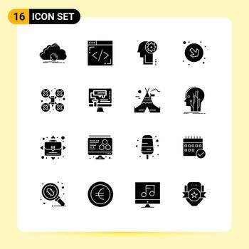 16 glifos sólidos universales establecidos para aplicaciones web y móviles cámara de cámara de drone lluvia de ideas flecha derecha elementos de diseño vectorial editables vector