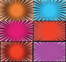 Comic book colorful frames background with halftone rays radial and dotted effects pop art style vector