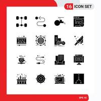 Mobile Interface Solid Glyph Set of 16 Pictograms of archive reel vehicles video play Editable Vector Design Elements