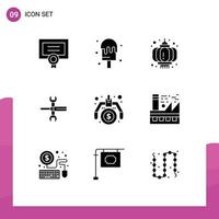 Group of 9 Solid Glyphs Signs and Symbols for financial tools lantern spanner controls Editable Vector Design Elements