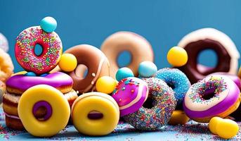 professional food photography closeup of Various decorated moving doughnuts falling on blue background photo