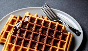 fotografía profesional de alimentos cerca de un plato de gofres belgas con salsa de chocolate y helado sobre un fondo gris oscuro foto