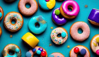 professional food photography closeup of Various decorated moving doughnuts falling on blue background photo