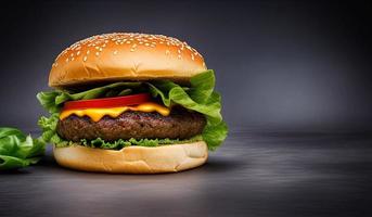 fotografía profesional de alimentos primer plano de una hamburguesa con lechuga y tomate sobre un fondo negro foto