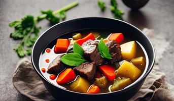 professional food photography close up of a a bowl of beef stew with bread on the side photo