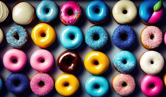 professional food photography closeup of Various decorated moving doughnuts falling on blue background photo