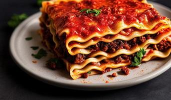 professional food photography close up of a Plate of lasagna on a dark gray background photo