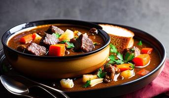 fotografía profesional de alimentos primer plano de un plato de estofado de ternera con pan al lado foto