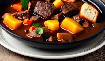 professional food photography close up of a a bowl of beef stew with bread on the side photo