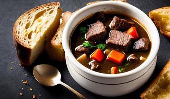 professional food photography close up of a a bowl of beef stew with bread on the side photo