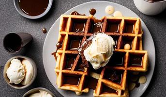 professional food photography close up of a Plate of Belgian waffles with chocolate sauce and ice cream on a dark gray background photo