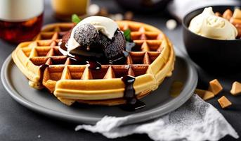 professional food photography close up of a Plate of Belgian waffles with chocolate sauce and ice cream on a dark gray background photo