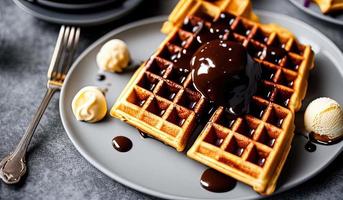 professional food photography close up of a Plate of Belgian waffles with chocolate sauce and ice cream on a dark gray background photo