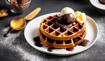 fotografía profesional de alimentos cerca de un plato de gofres belgas con salsa de chocolate y helado sobre un fondo gris oscuro foto