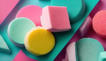 -professional food photography closeup of a Marshmallows. Chewy candy close-up on a turquoise background photo