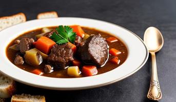 professional food photography close up of a a bowl of beef stew with bread on the side photo