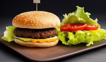 professional food photography close up of a a hamburger with lettuce and tomato on a black backgroun photo