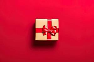 photo of a gift box with a red bow and hearts on a red background