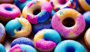 fotografía profesional de alimentos primer plano de varios donuts en movimiento decorados que caen sobre fondo azul foto