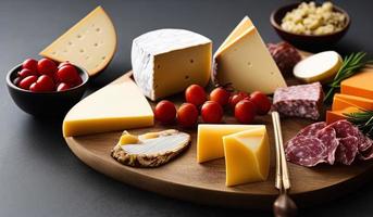 fotografía de comida profesional primer plano de una tabla de quesos y embutidos sentada encima de una mesa